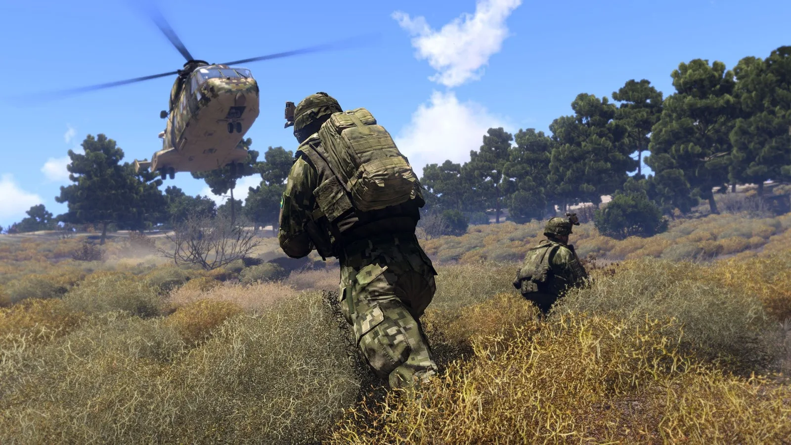 Arma 3 squad advancing toward a helicopter on a dry hillside