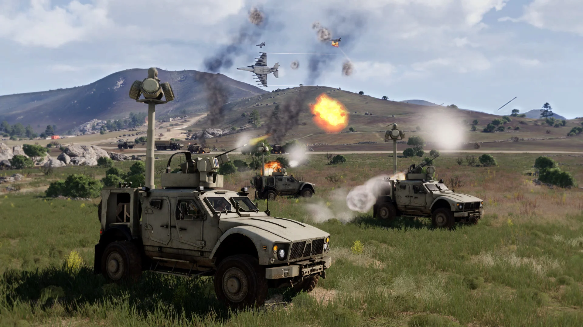 A tactical team crossing a Mediterranean hillside at sunset